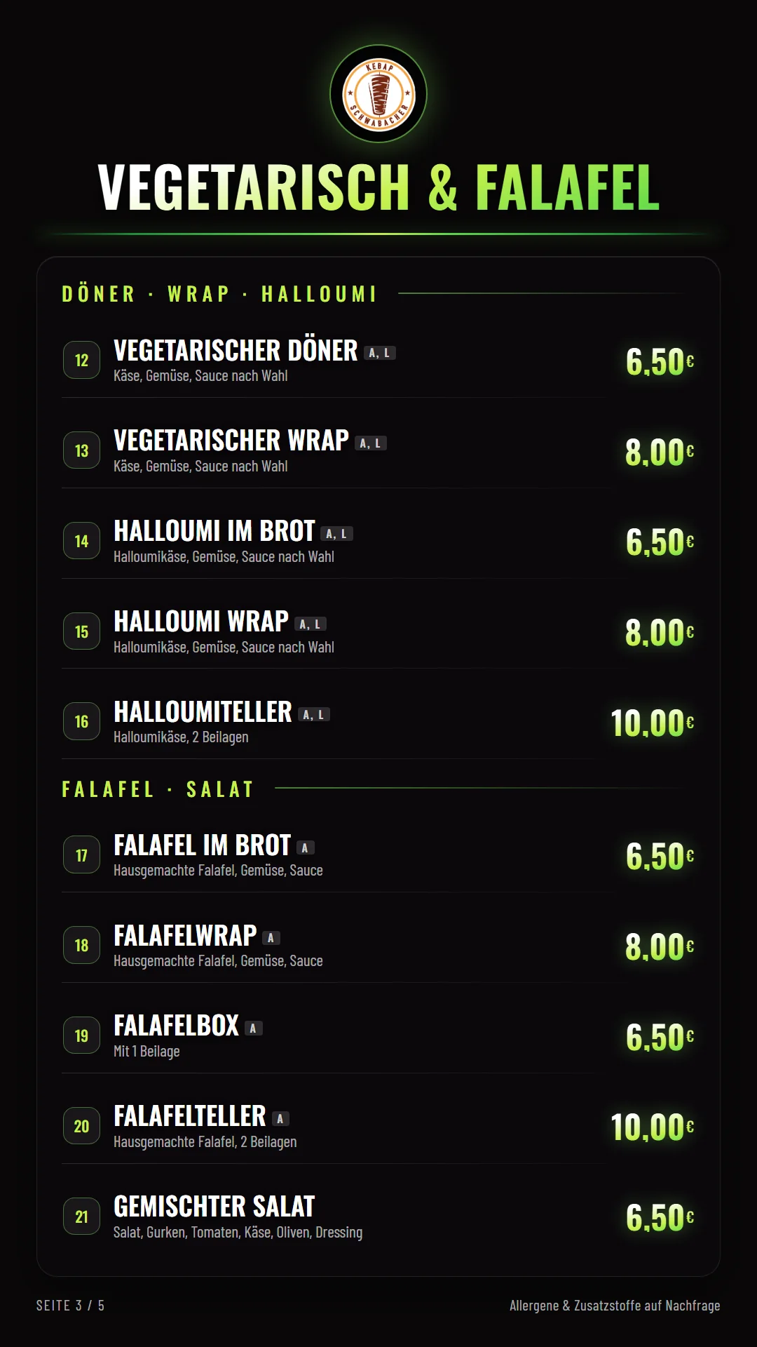 Speisekarte Seite 3 – Vegetarisch & Falafel